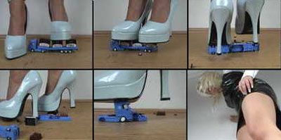 A girl stomps a 1:87 truck and trailer into the ground